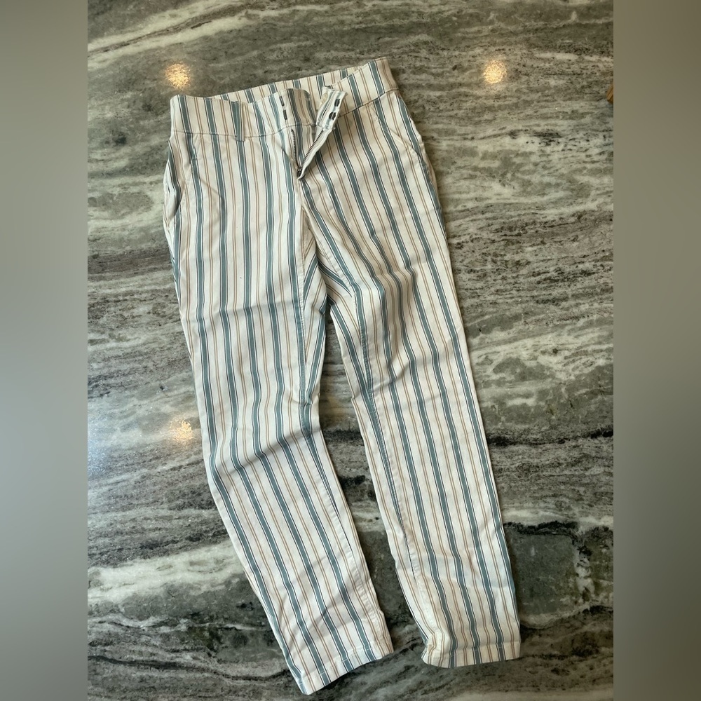 LOFT Striped High-Rise Slim Crop Pants Blue White Beige Size 0